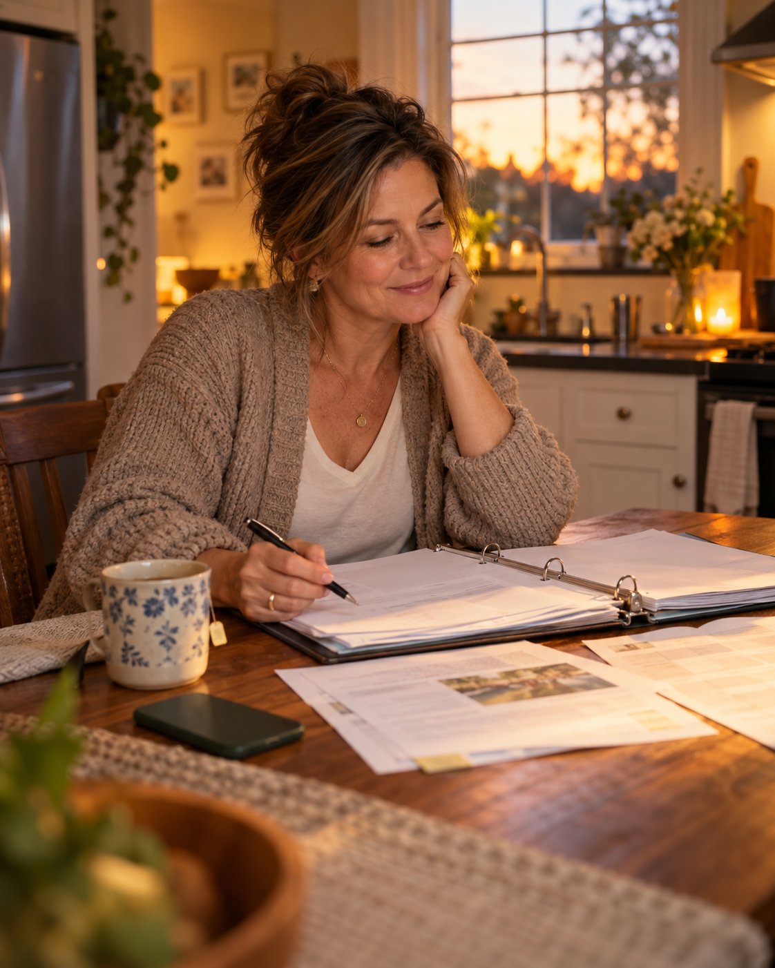 A woman writes in the binder at her kitchen table in the evening