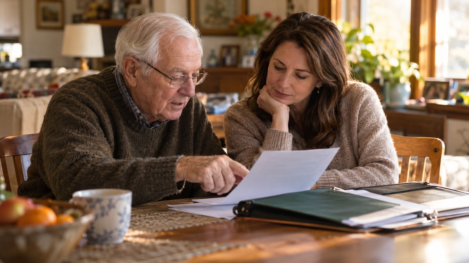 A father and daughter look through his papers together