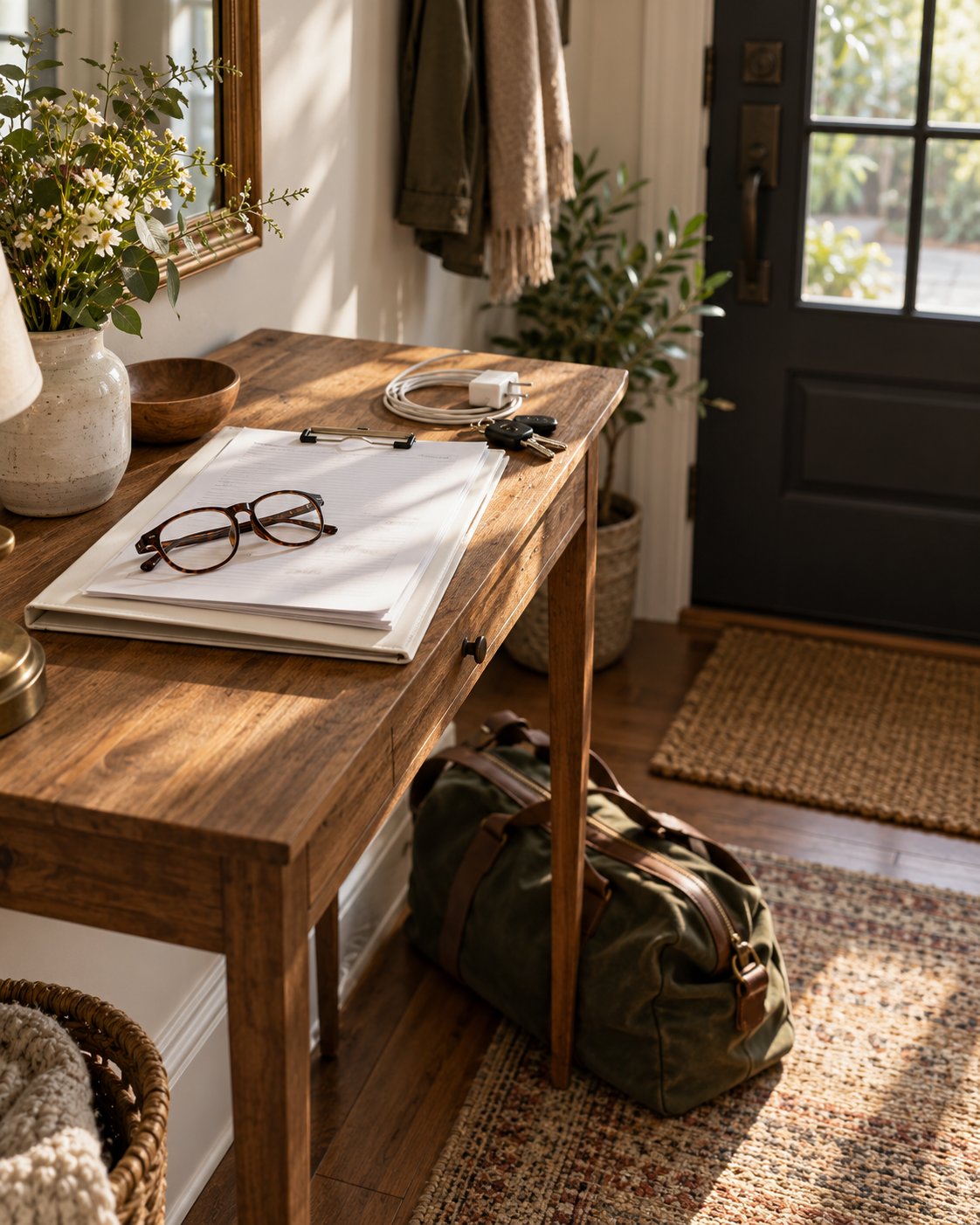 An open binder, glasses and keys on the table by the front door
